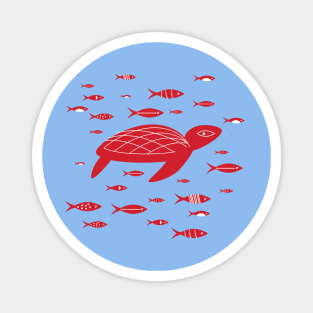 Red Turtle and Fish Swimming Underwater Sea Magnet